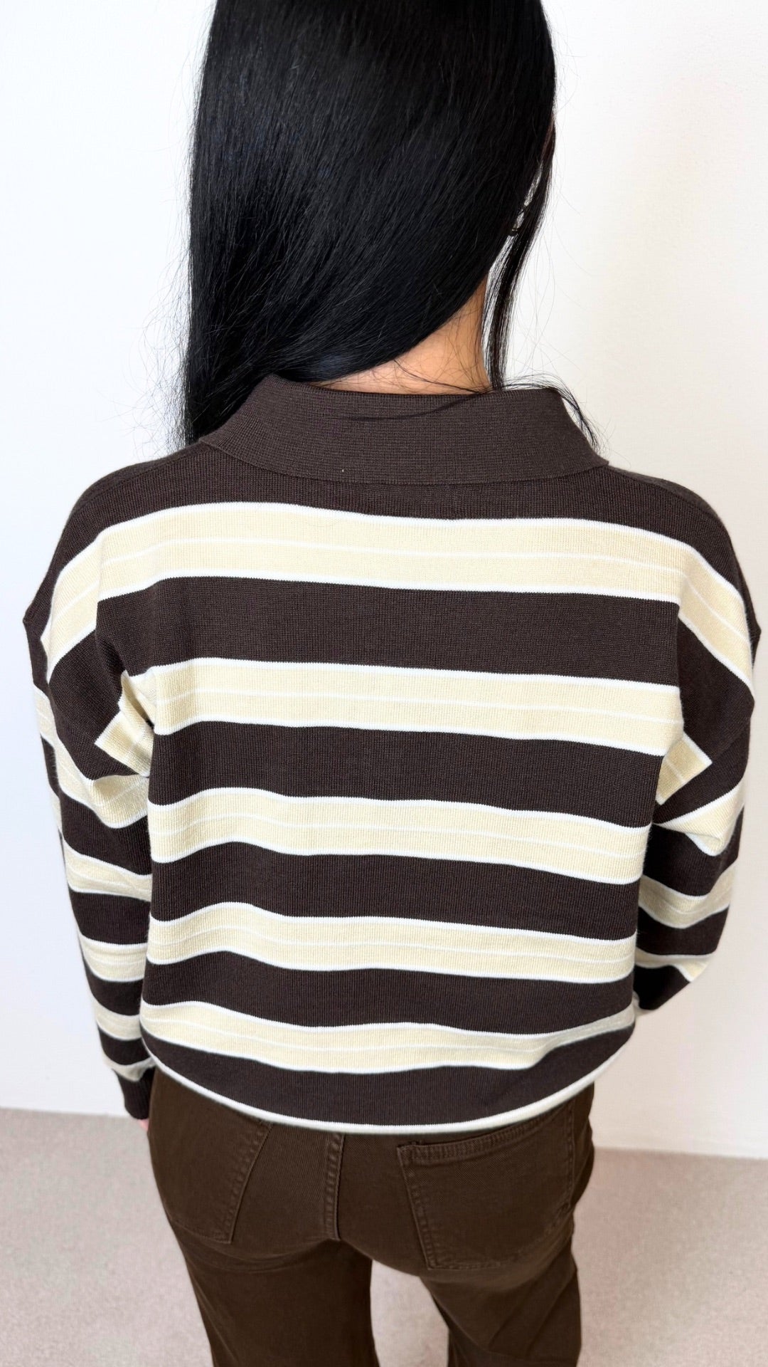 Georgia - Button Collar Brown/Beige Stripe Long Sleeve Knit