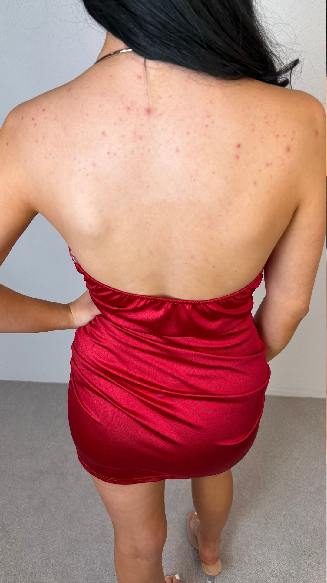 Lottie - Gold Neck Brace Drape Front Mini Dress Red