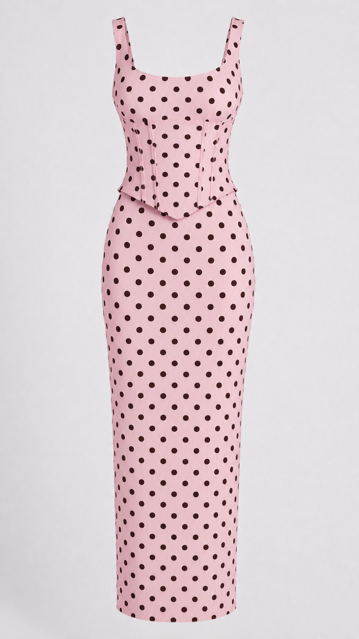 Gia - Scoop Corset Maxi Pink/Brown Polka Dot