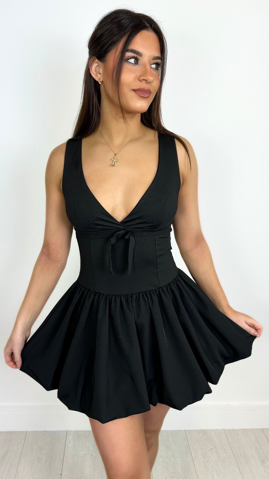 Farrah - Black Balloon Skirt Ribbon Front Dress