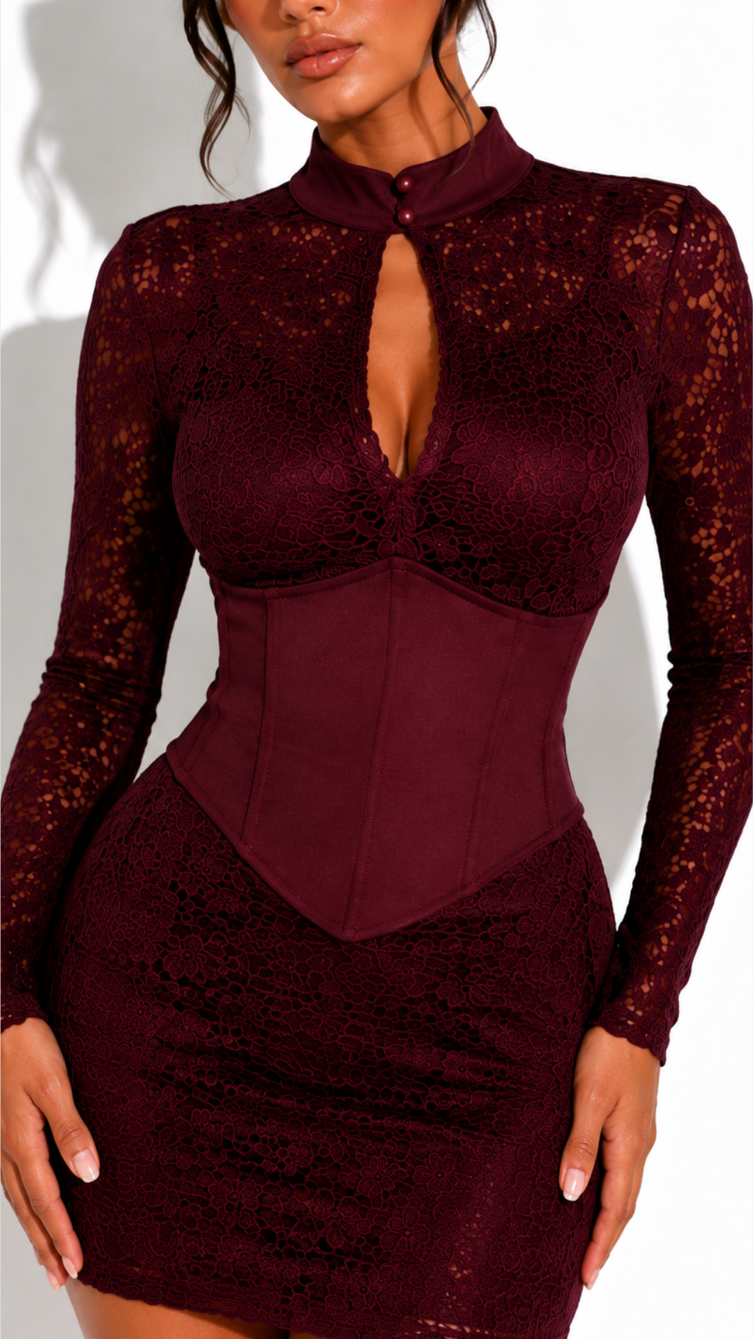 Elaina - Wine Lace Longsleeve Corset Dress