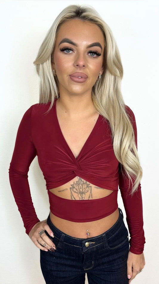Dakota - Long Sleeve Twist Front Crop Burgundy