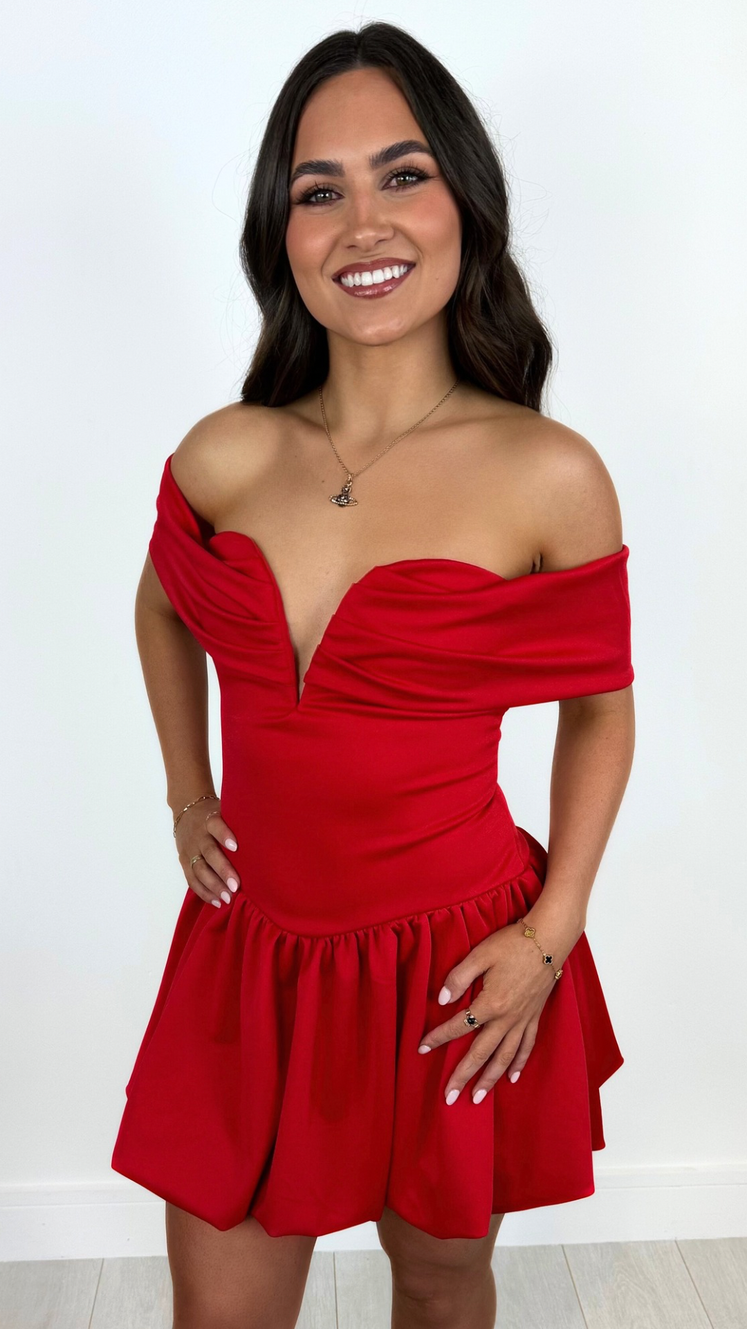 Roz - Off-Shoulder Layered Bubble Hem Mini Dress Red