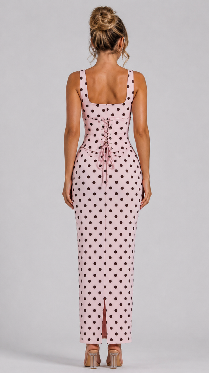 Gia - Scoop Corset Maxi Pink/Brown Polka Dot
