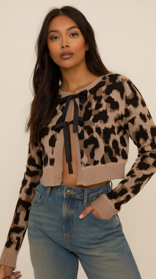 Shauna - Knit Ribbon Tie Cardi Leopard