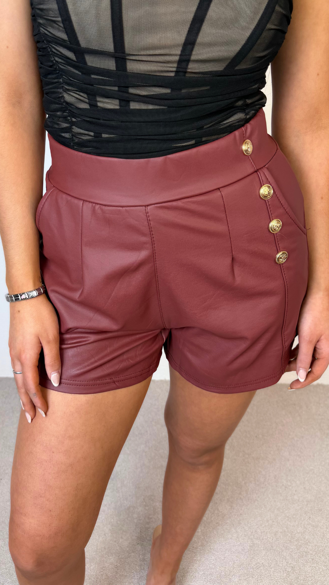 Polly - PU Leather Gold Button Detail Shorts Wine