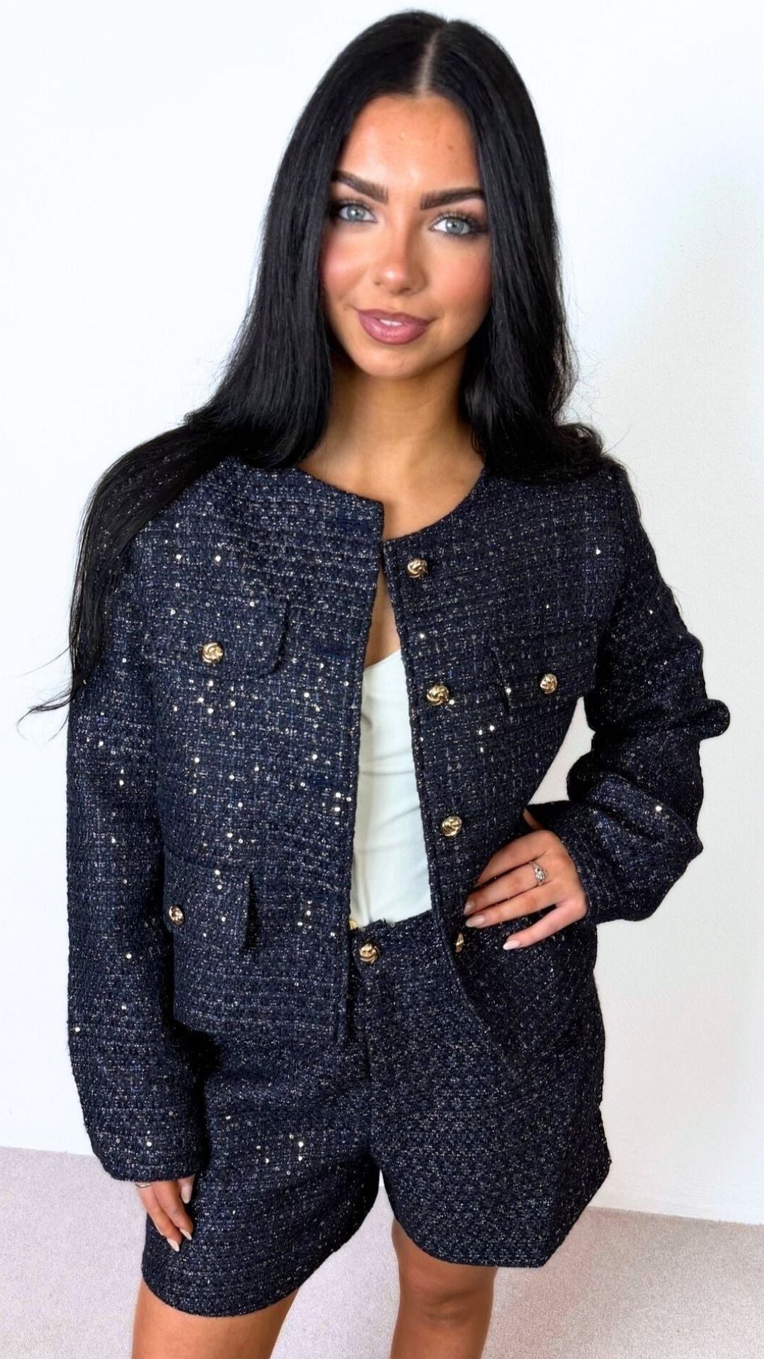 Vendala - Tweed Sequin Jacket Navy