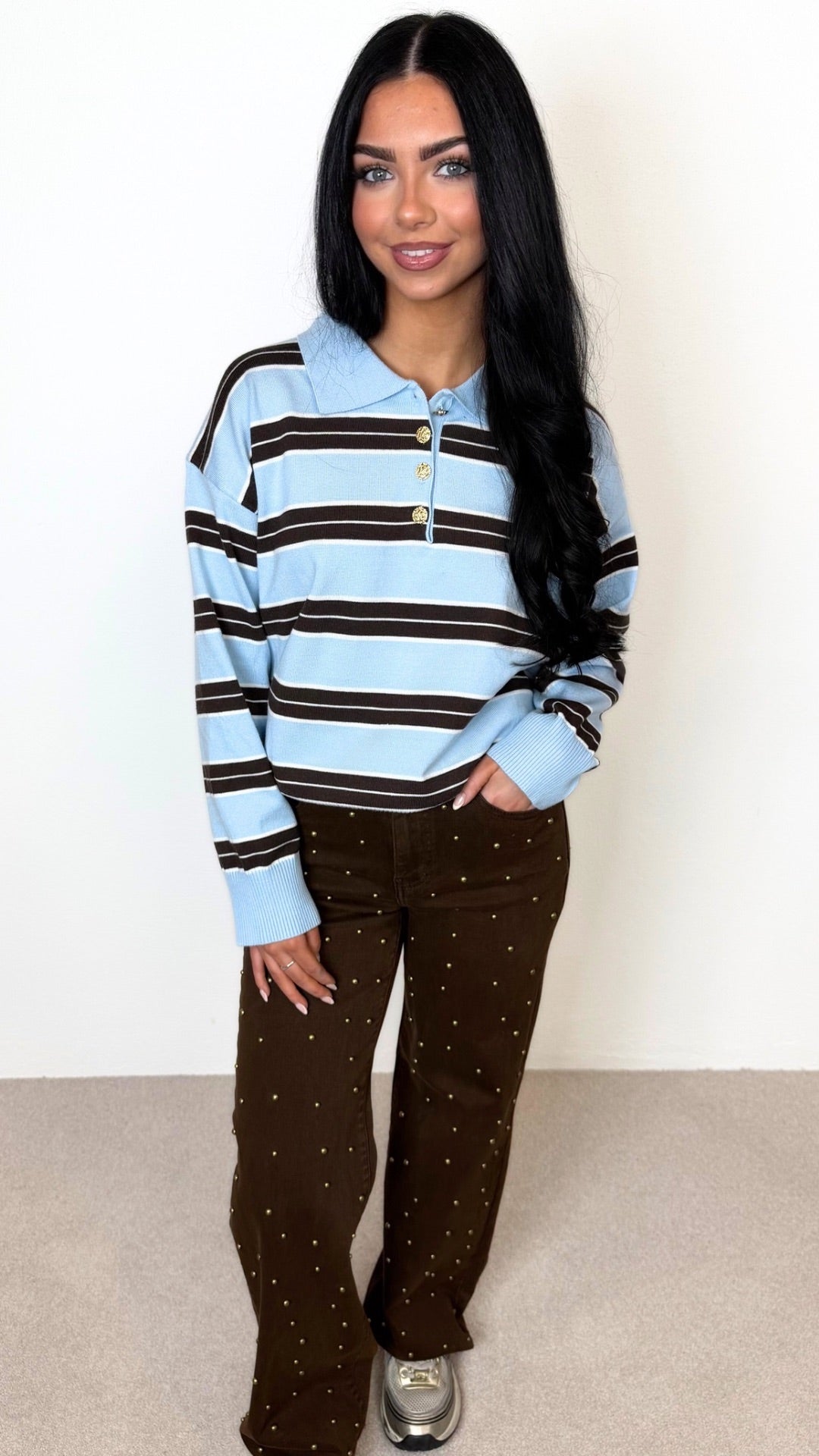 Georgia - Button Collar Blue/Brown Stripe Long Sleeve Knit