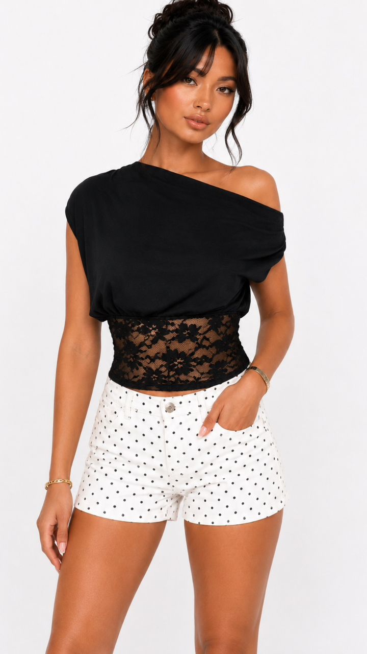 Kala - Black Asymmetric Neckline Lace Waist Top