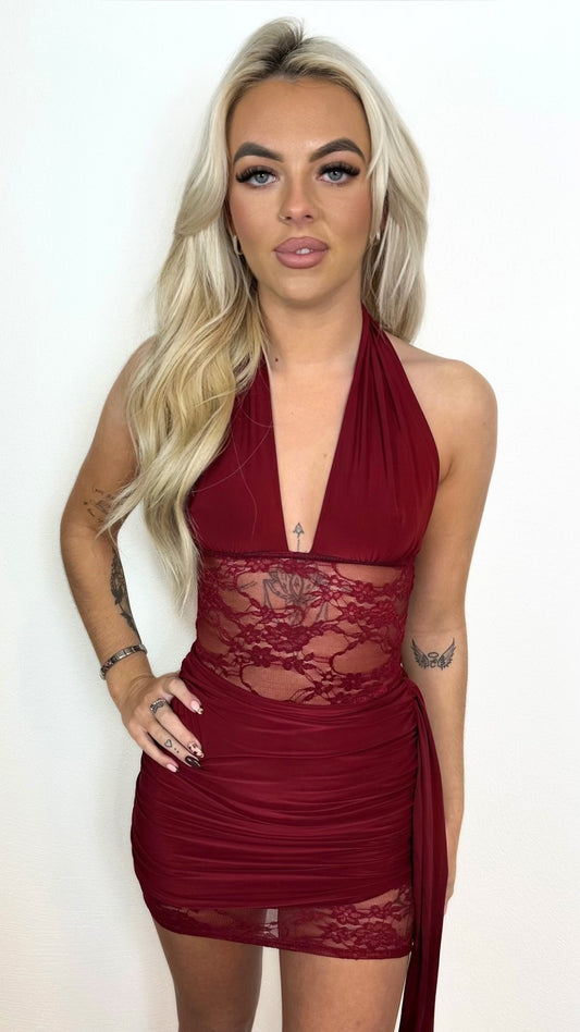 Ellise - Wine Lace Panel Drape Dress