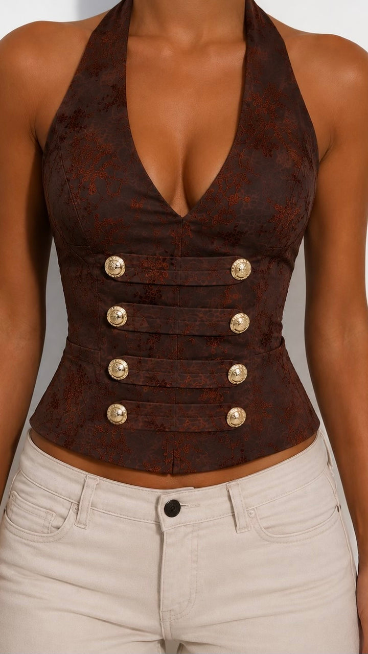 Kiah - Brown Velvet Print Military Crop