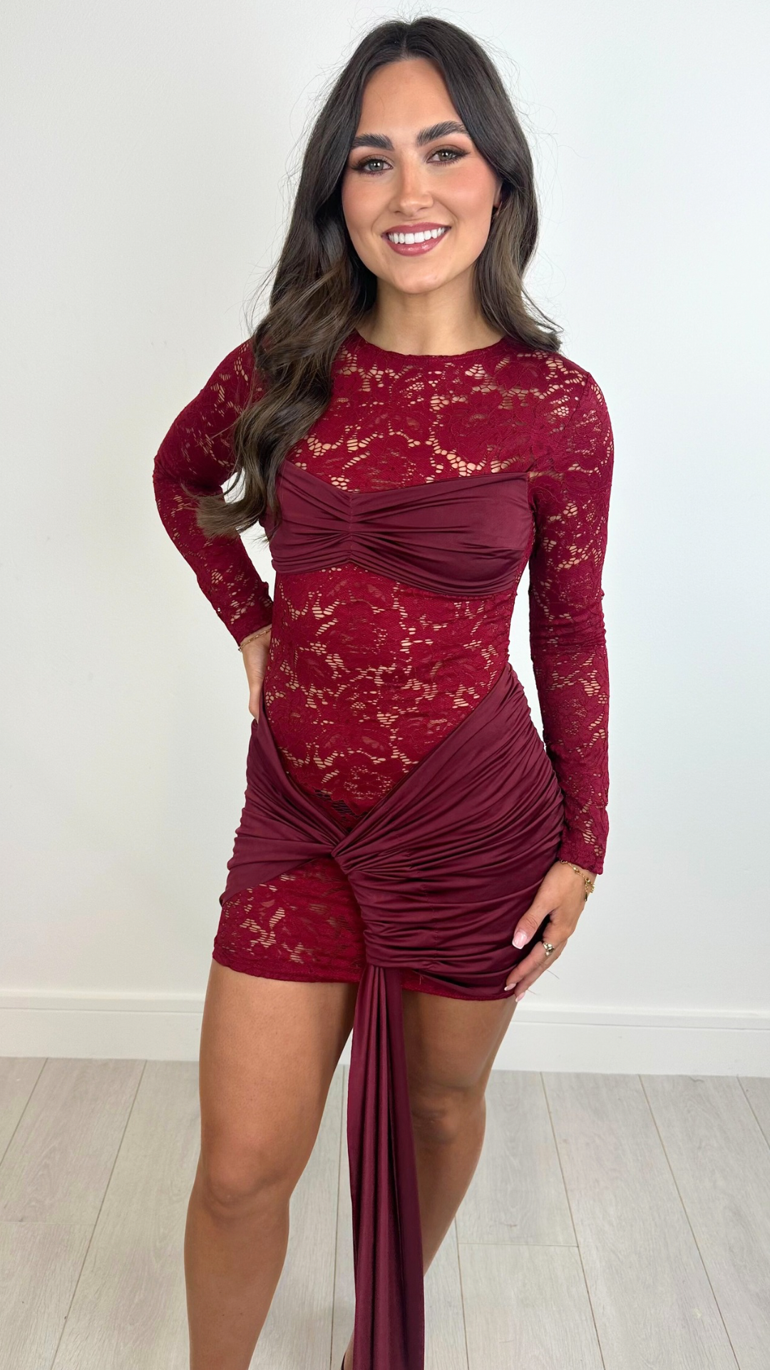 Lola - Wine Lace Drape Front Bodycon