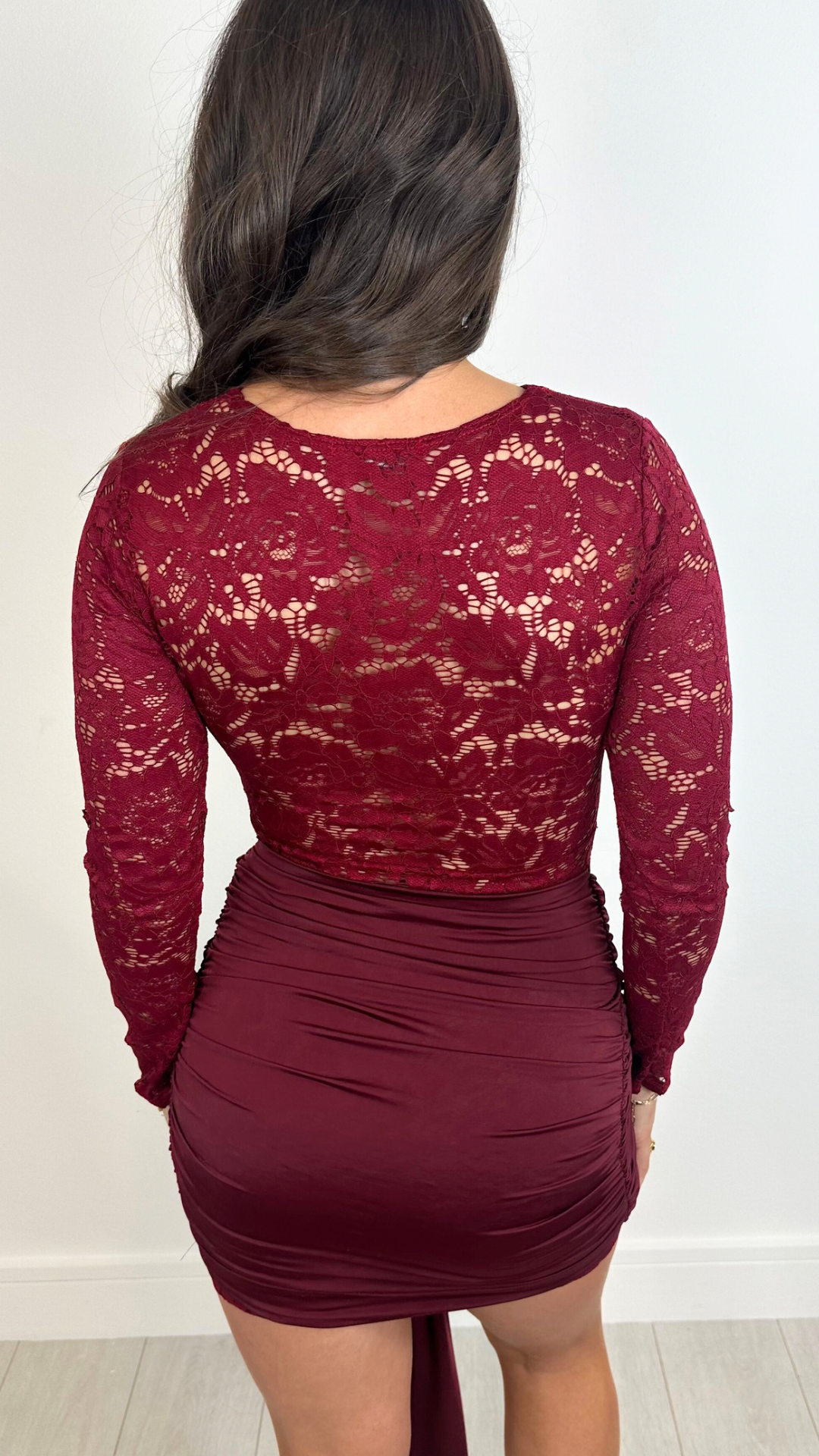 Lola - Wine Lace Drape Front Bodycon