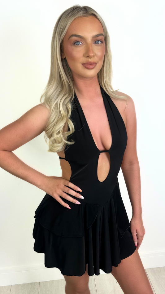 Annie - Frill Skirt Plunge Mini Dress Black