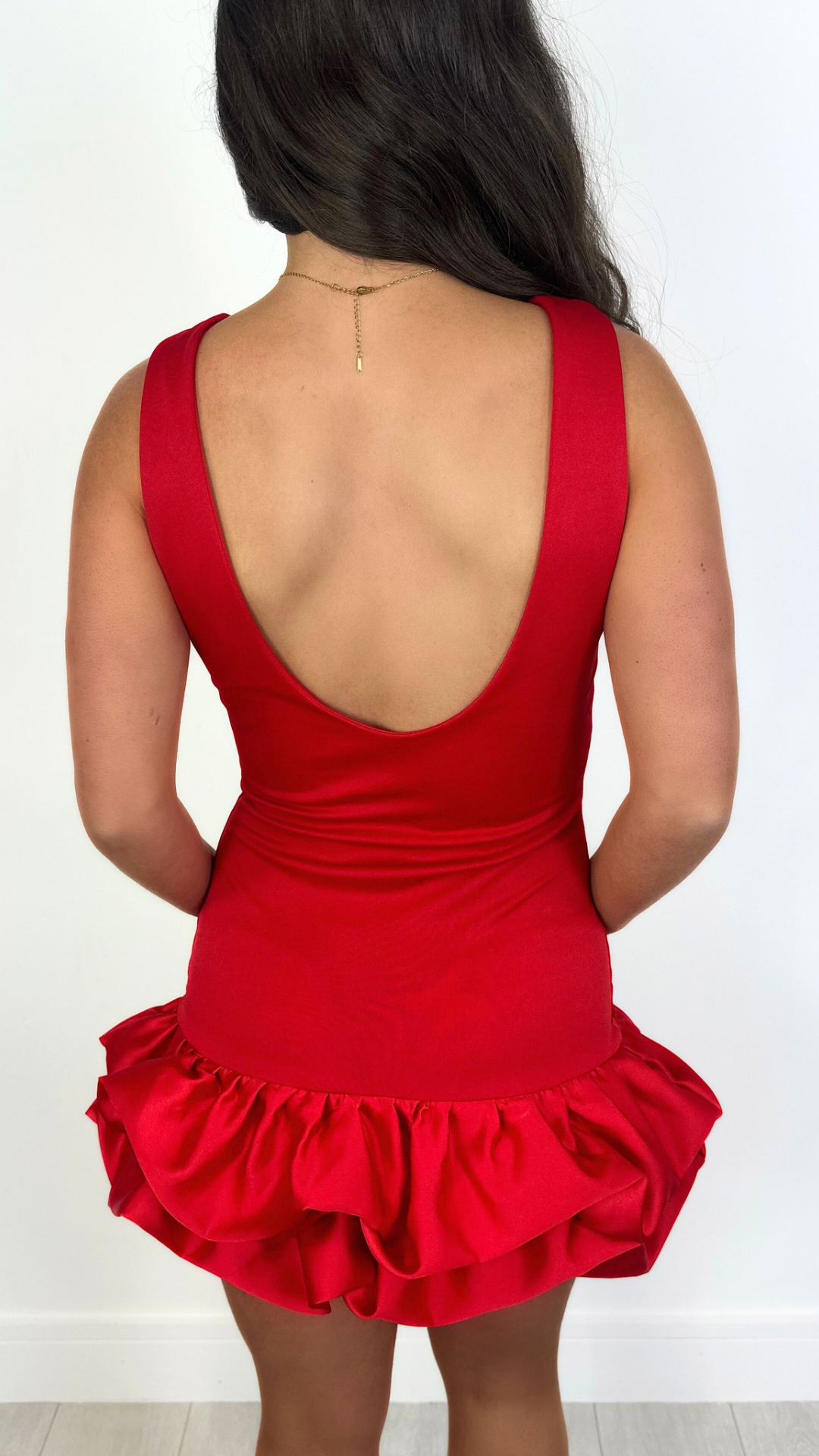 Lottie - Ruffle Hem Scoop Back Dress Red