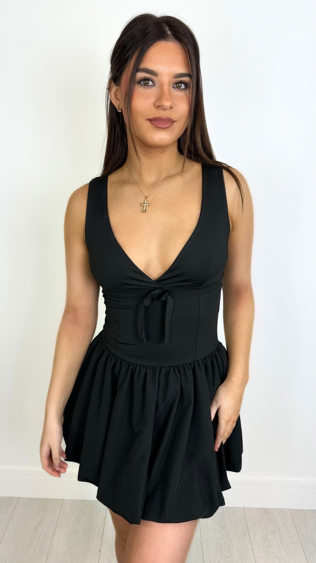 Farrah - Black Balloon Skirt Ribbon Front Dress