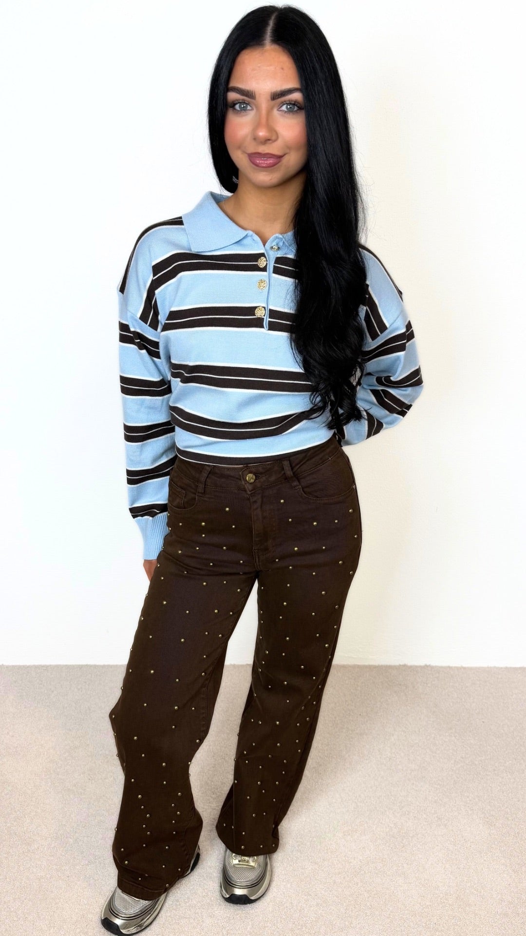 Millie - Brown Bronze Stud Detail Straight Leg Jeans