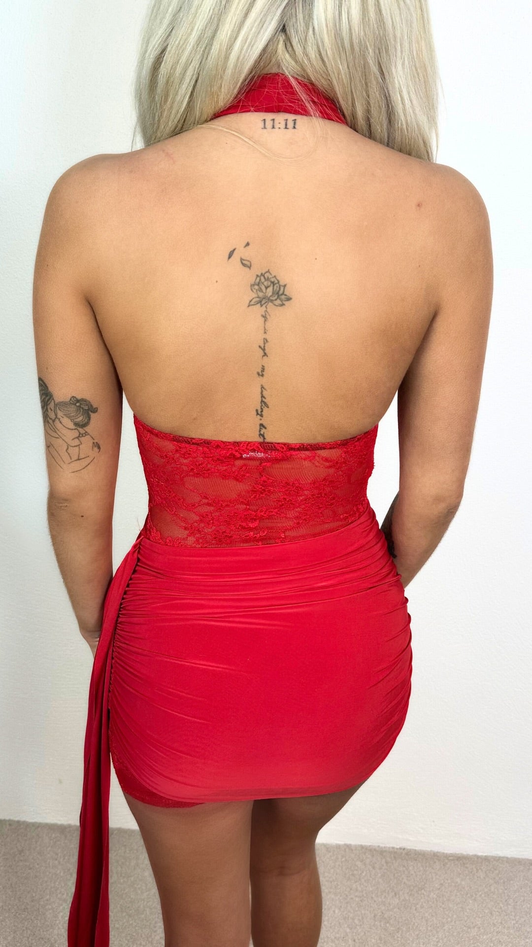 Ellise - Red Lace Panel Drape Dress