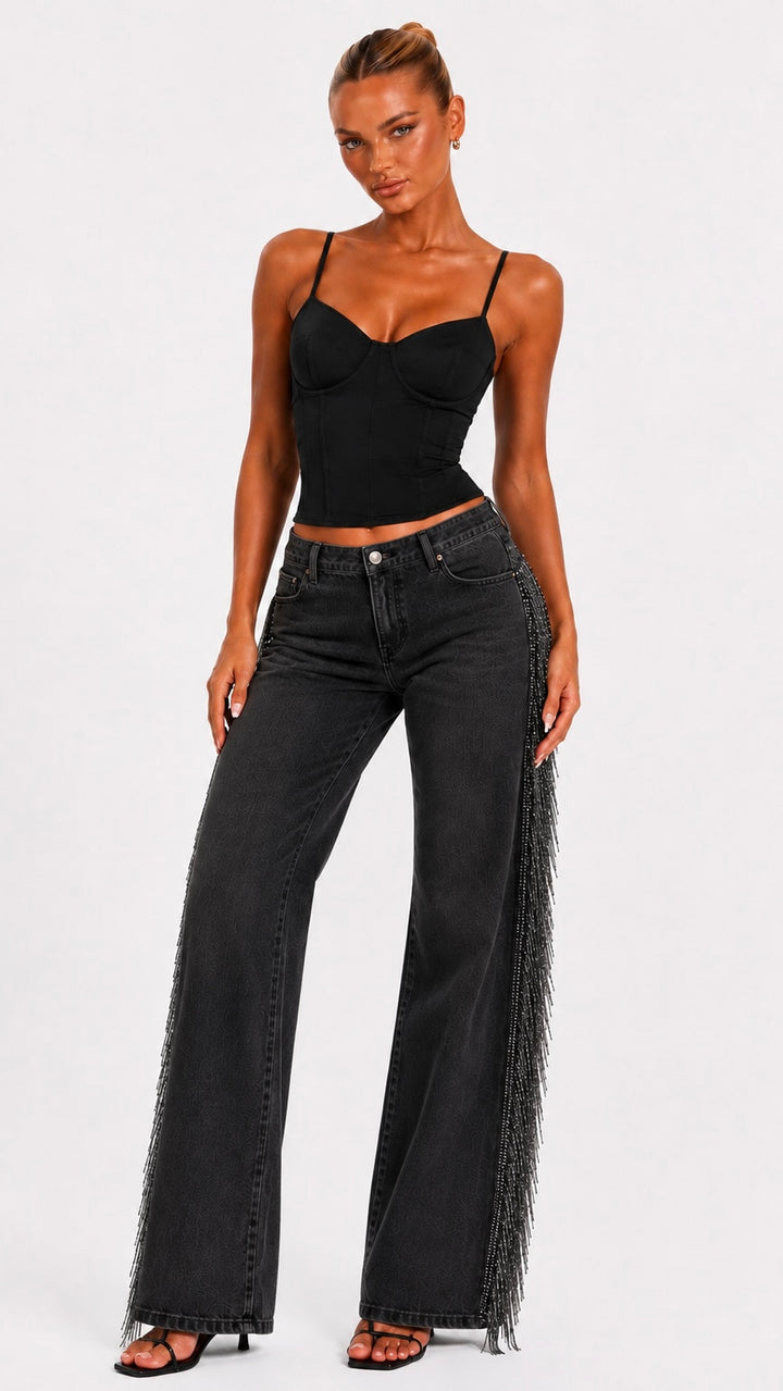 Dolly - Western Lurex Fringe Wide Leg Black Denim Jeans