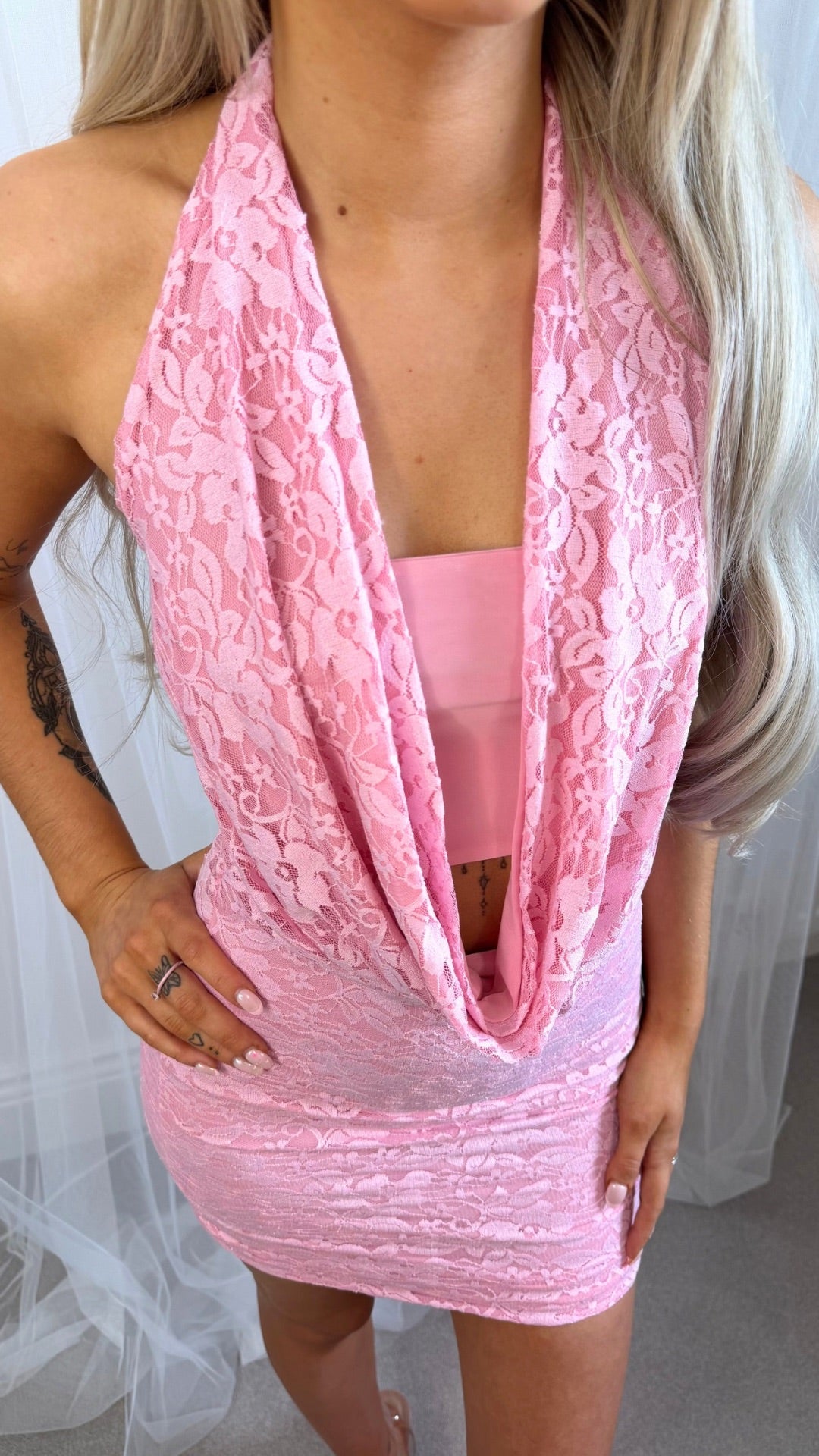 Sora - Lace Drape Mini Dress Pink