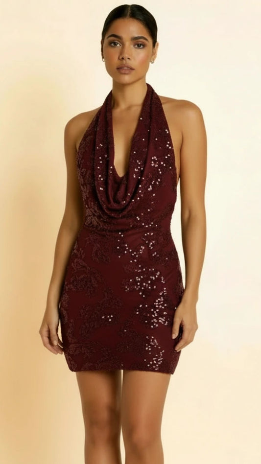 Sydney - Sequin Mesh Cowl Neck Mini Dress Wine