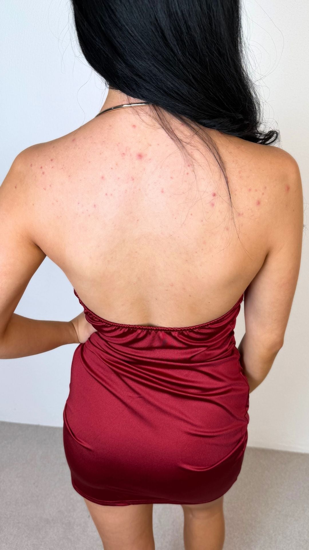 Lottie - Gold Neck Brace Drape Front Mini Dress Wine