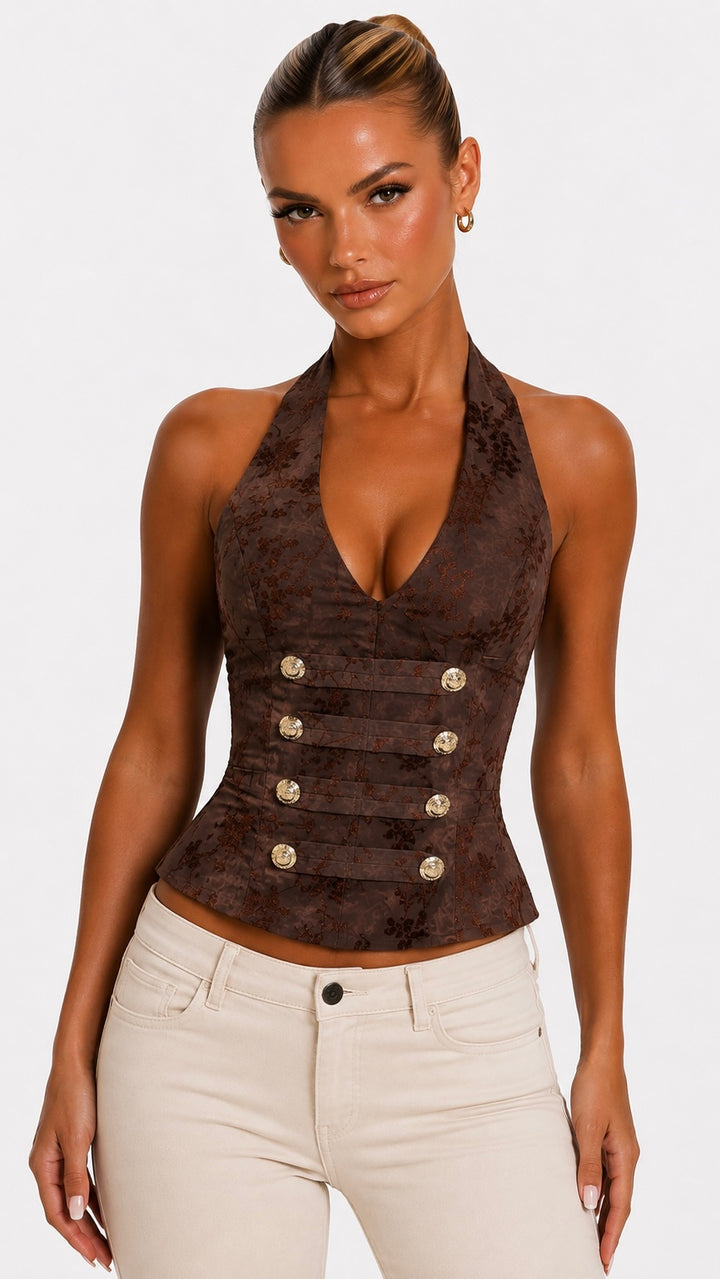 Kiah - Brown Velvet Print Military Crop