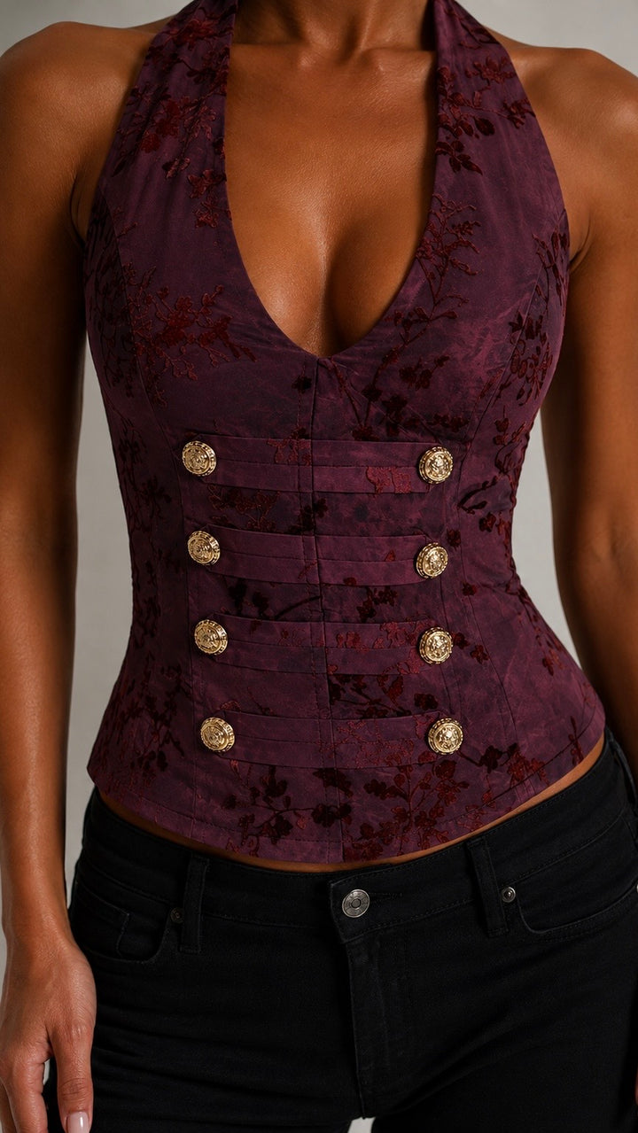 Kiah - Burgundy Velvet Print Military Crop