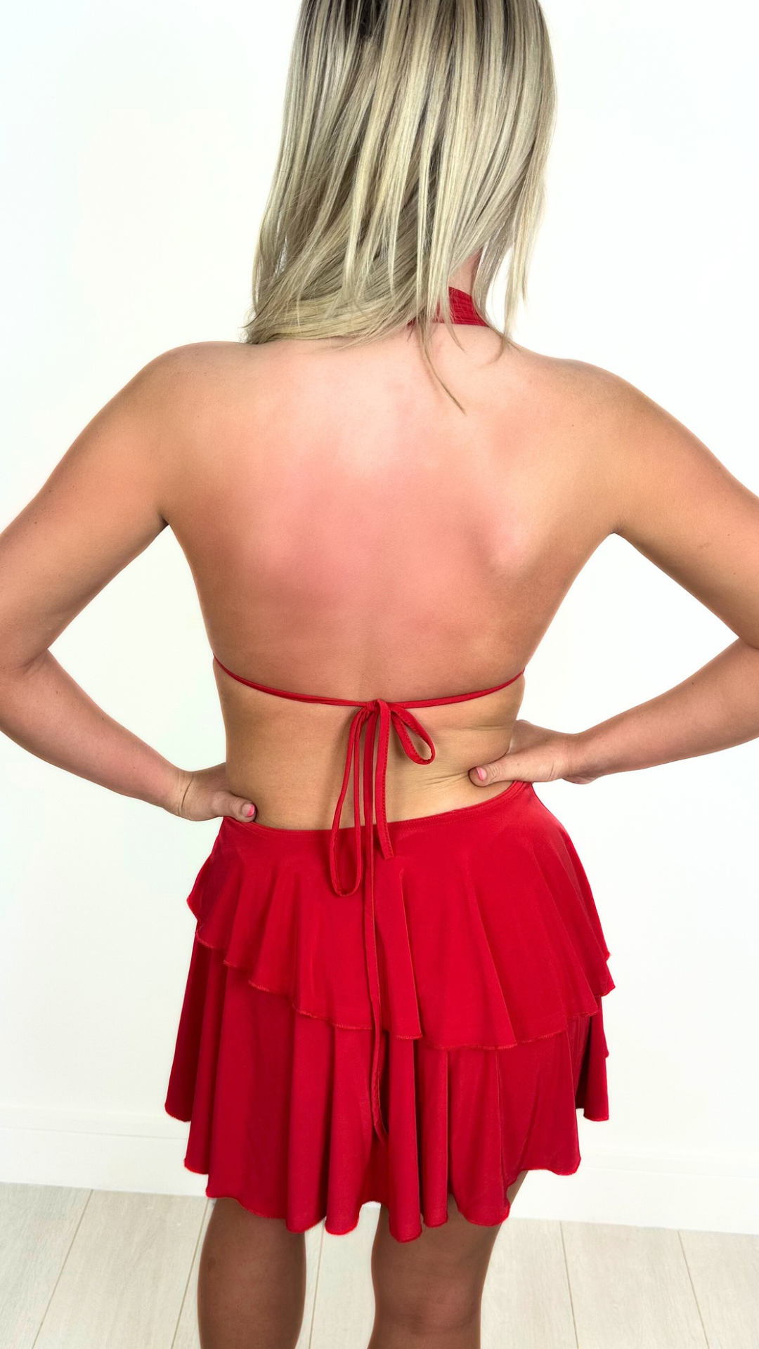 Annie - Frill Skirt Plunge Mini Dress Red