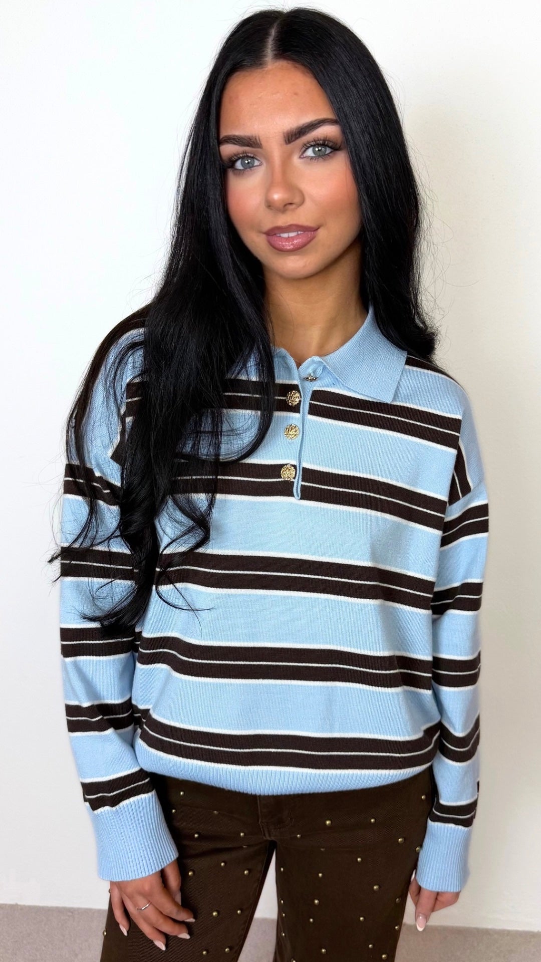 Georgia - Button Collar Blue/Brown Stripe Long Sleeve Knit