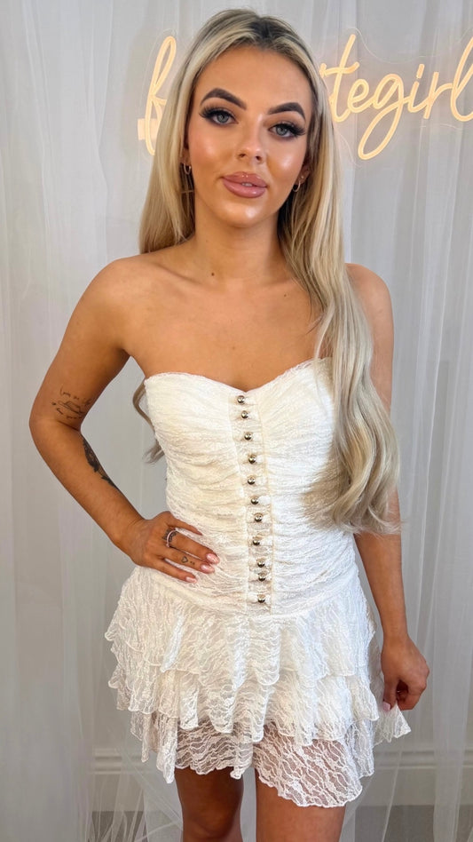 Alice - Textured Frill Skirt Bandeau Dress White