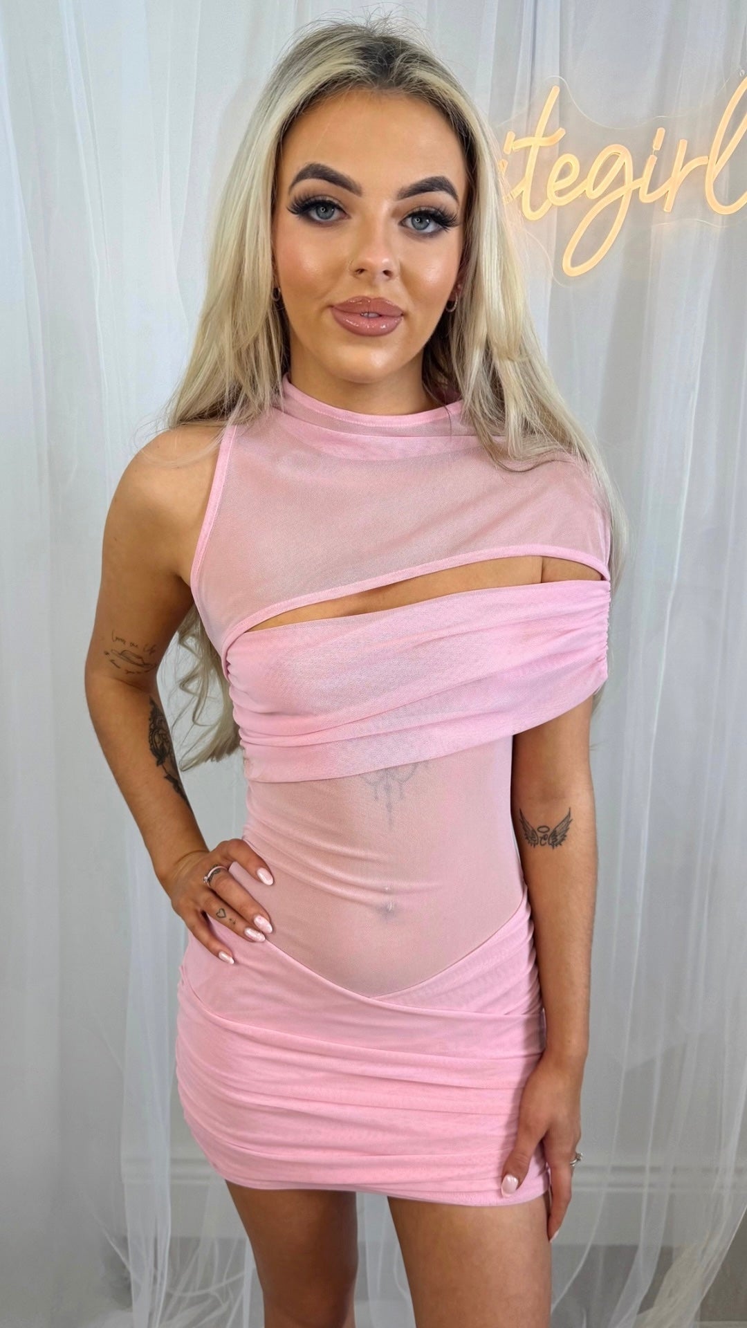 Tia - Mesh Panel Bodycon Baby Pink