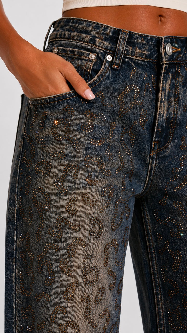 Ayda - Beige Wash Bronze Diamonte Leopard Print Jeans