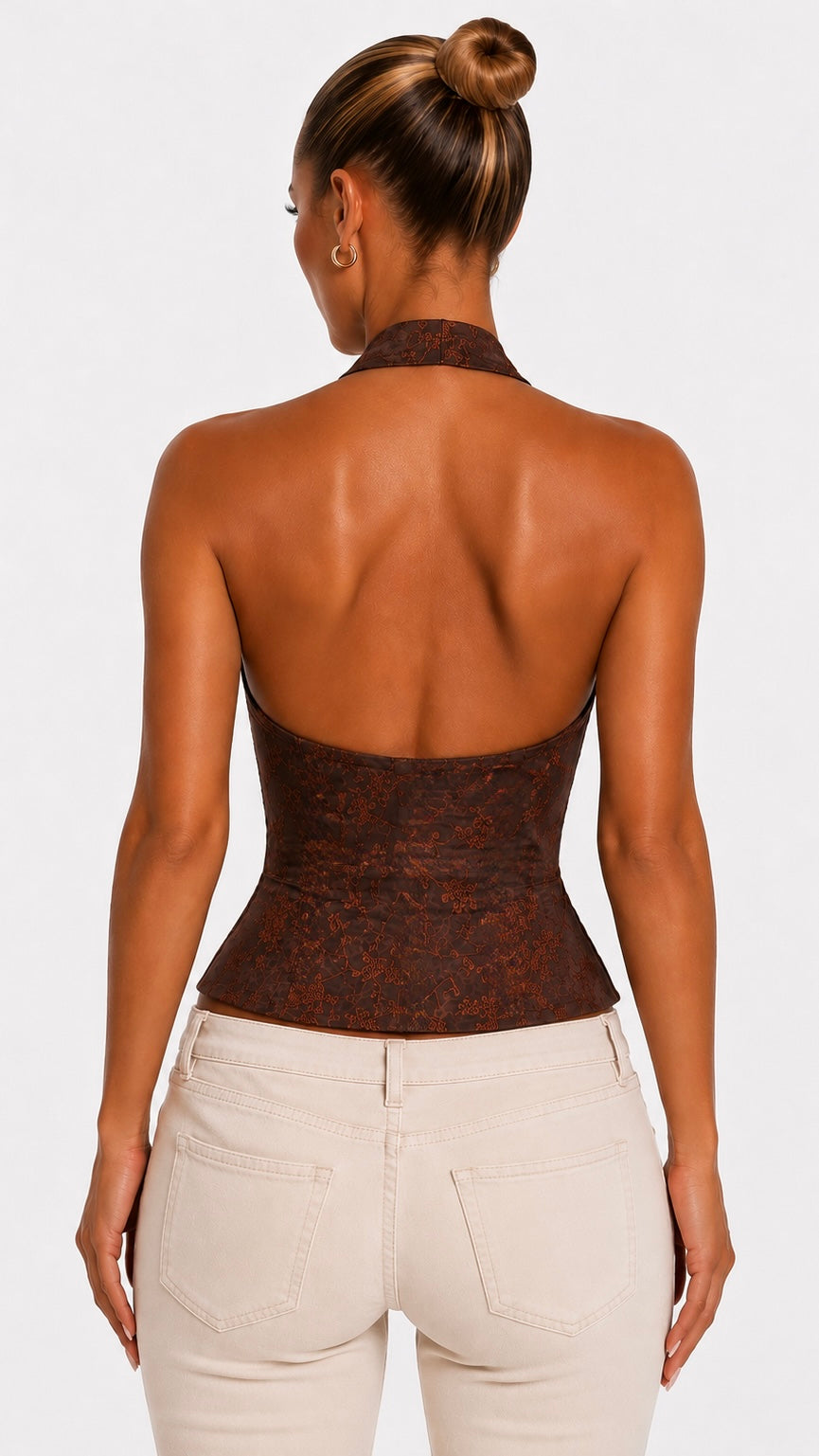 Kiah - Brown Velvet Print Military Crop