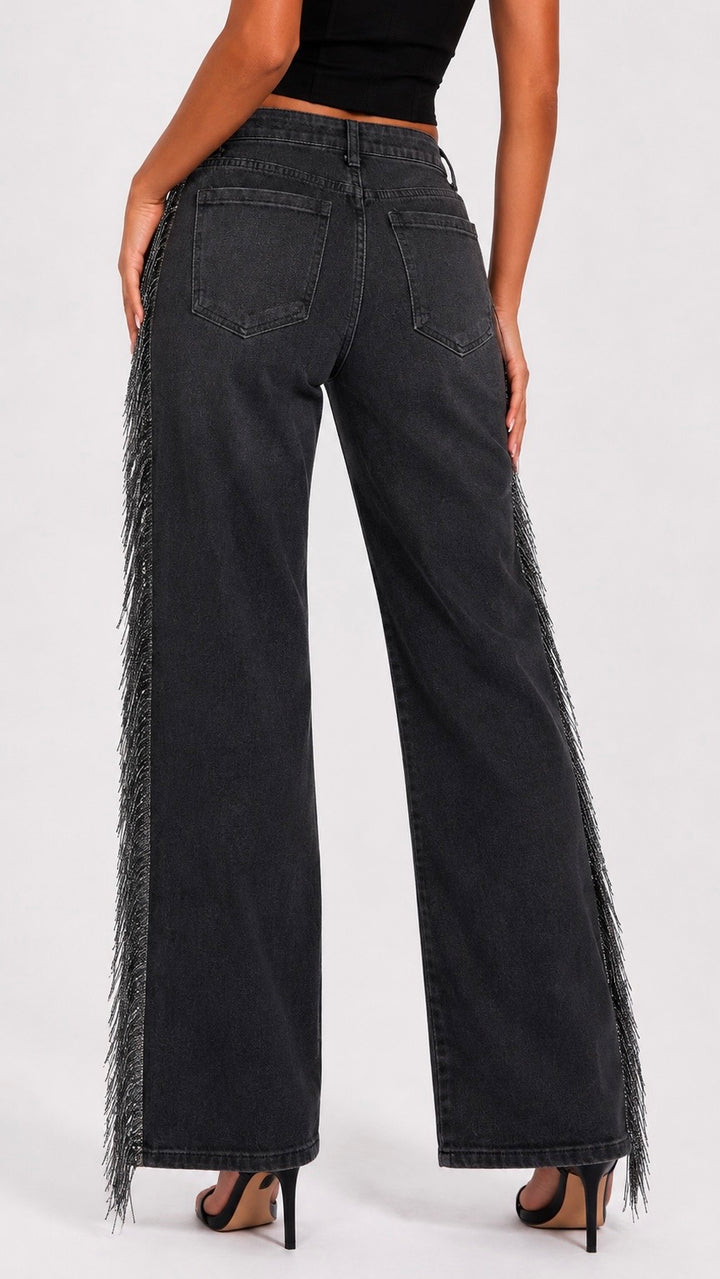 Dolly - Western Lurex Fringe Wide Leg Black Denim Jeans
