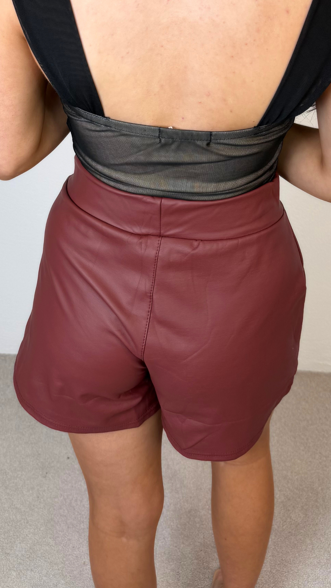 Polly - PU Leather Gold Button Detail Shorts Wine