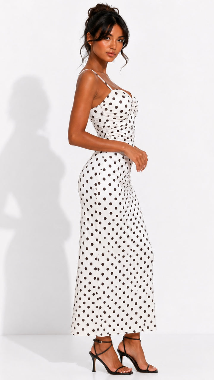 Amaya - White/Brown Polka dot Maxi