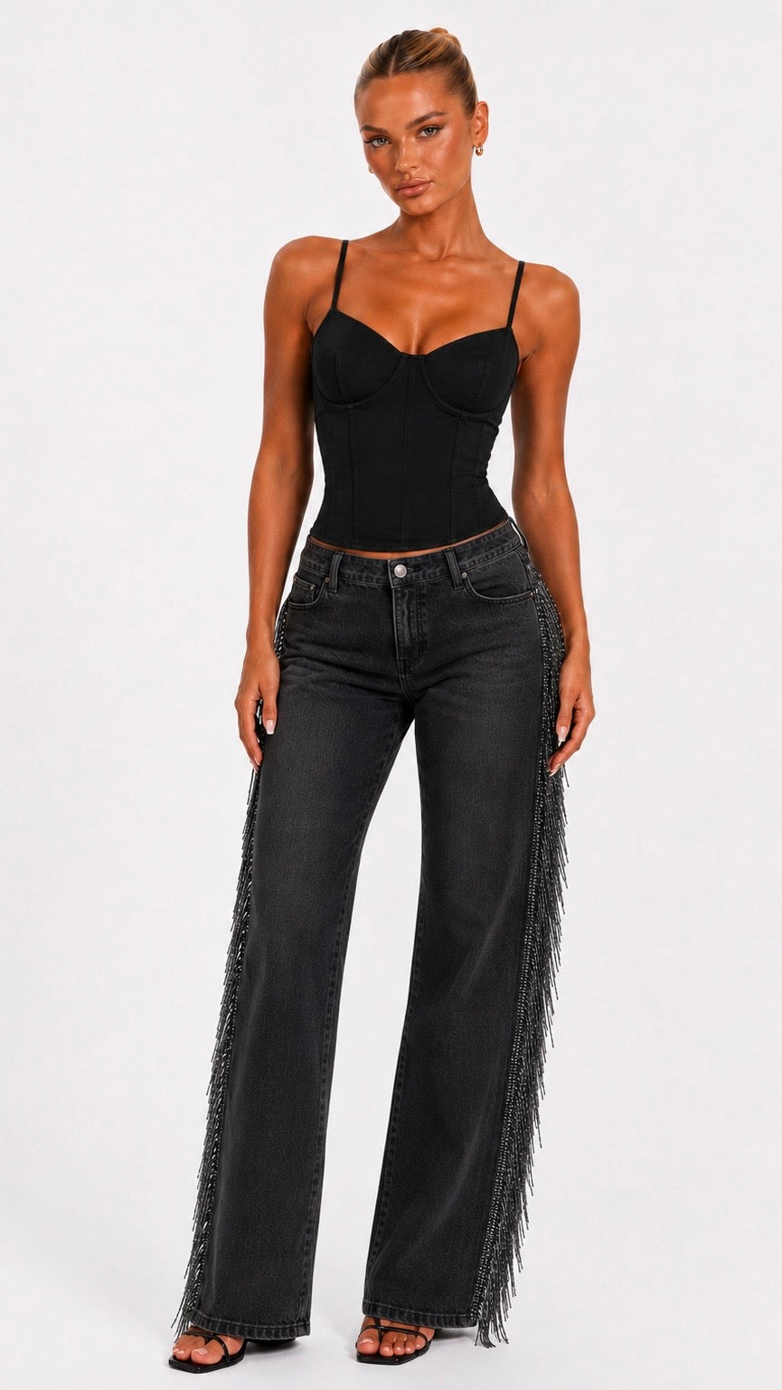 Dolly - Western Lurex Fringe Wide Leg Black Denim Jeans