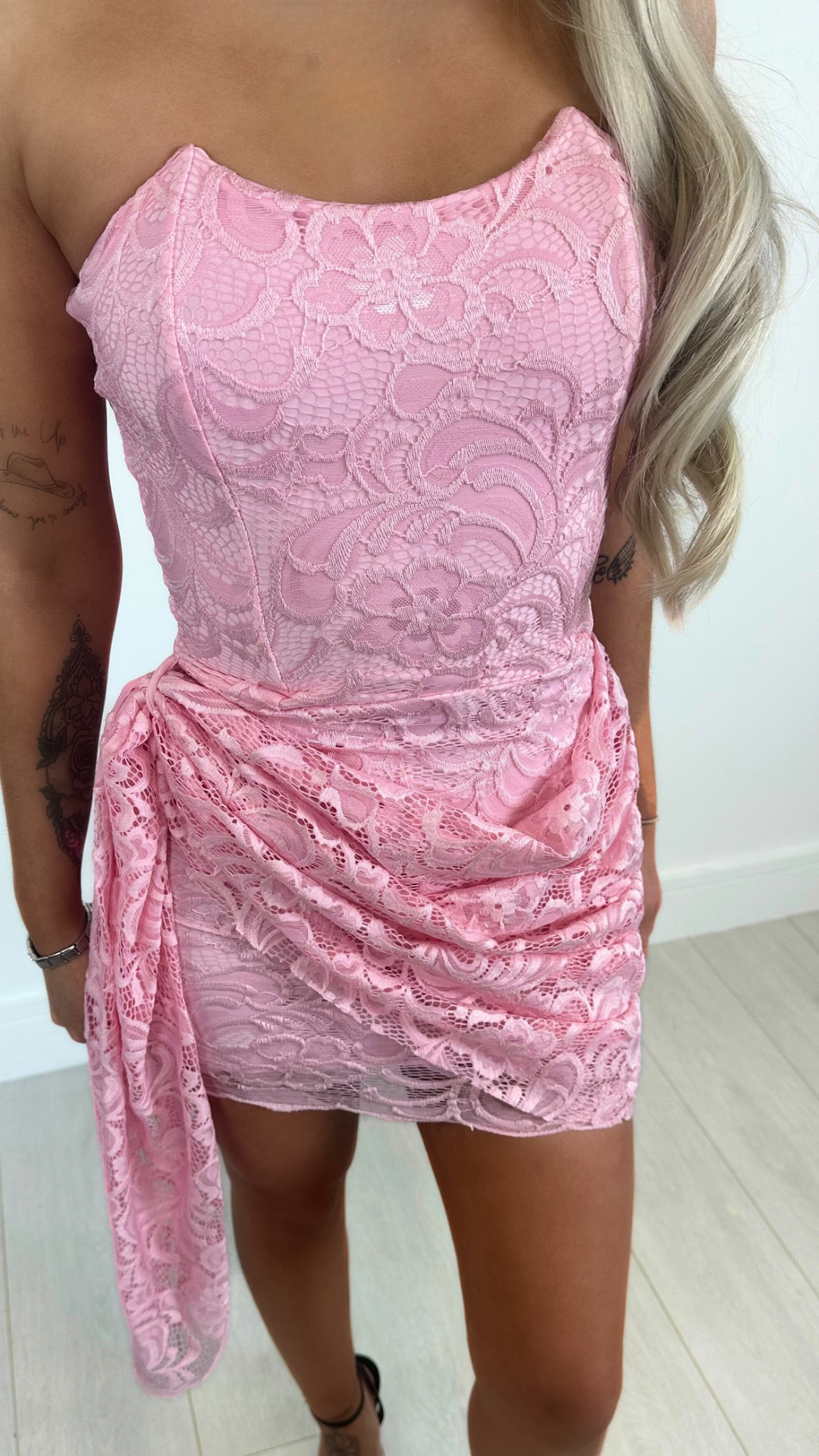 Stas - Pink Lace Drape Mini Dress