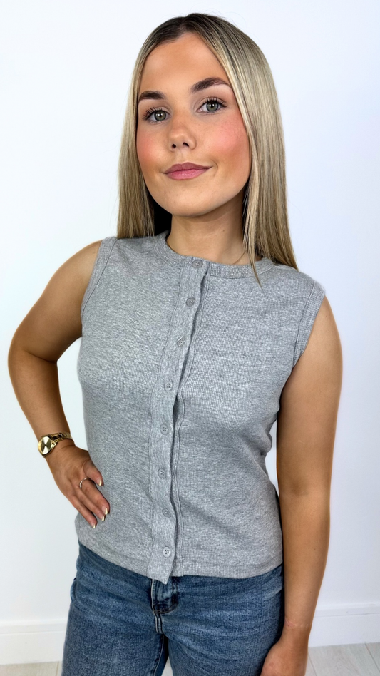 Casi - Button Front High Neck Crop Grey