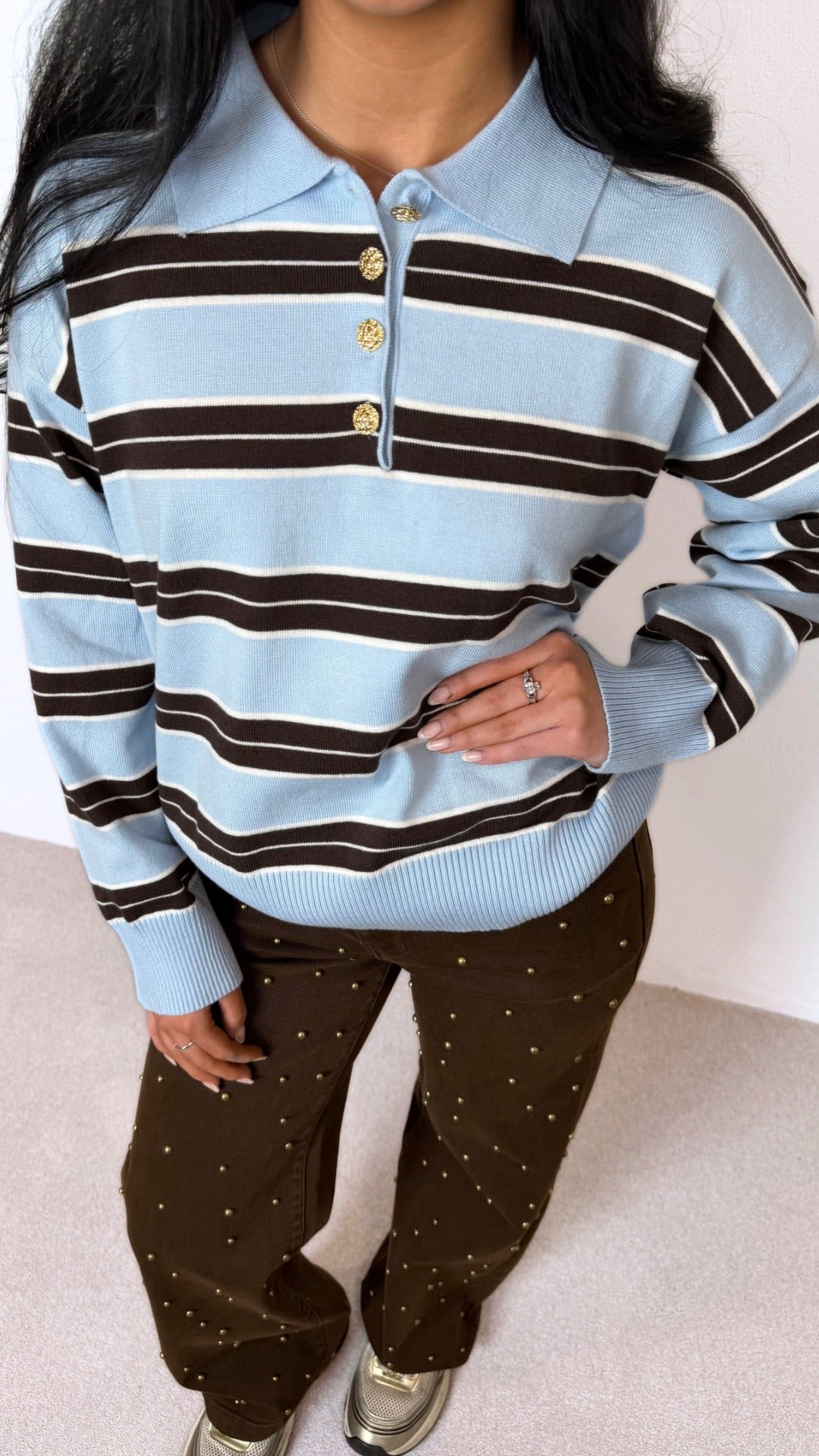 Georgia - Button Collar Blue/Brown Stripe Long Sleeve Knit