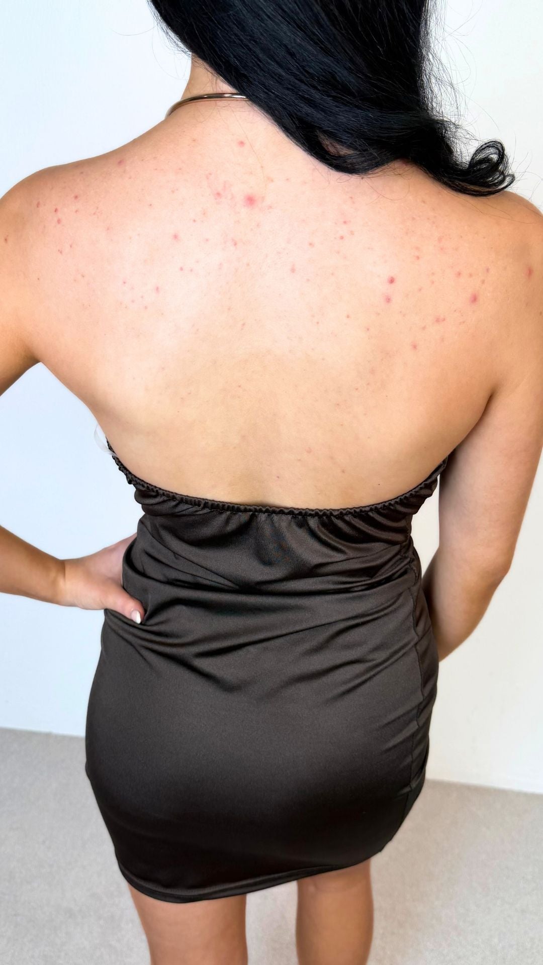 Lottie - Gold Neck Brace Drape Front Mini Dress Brown