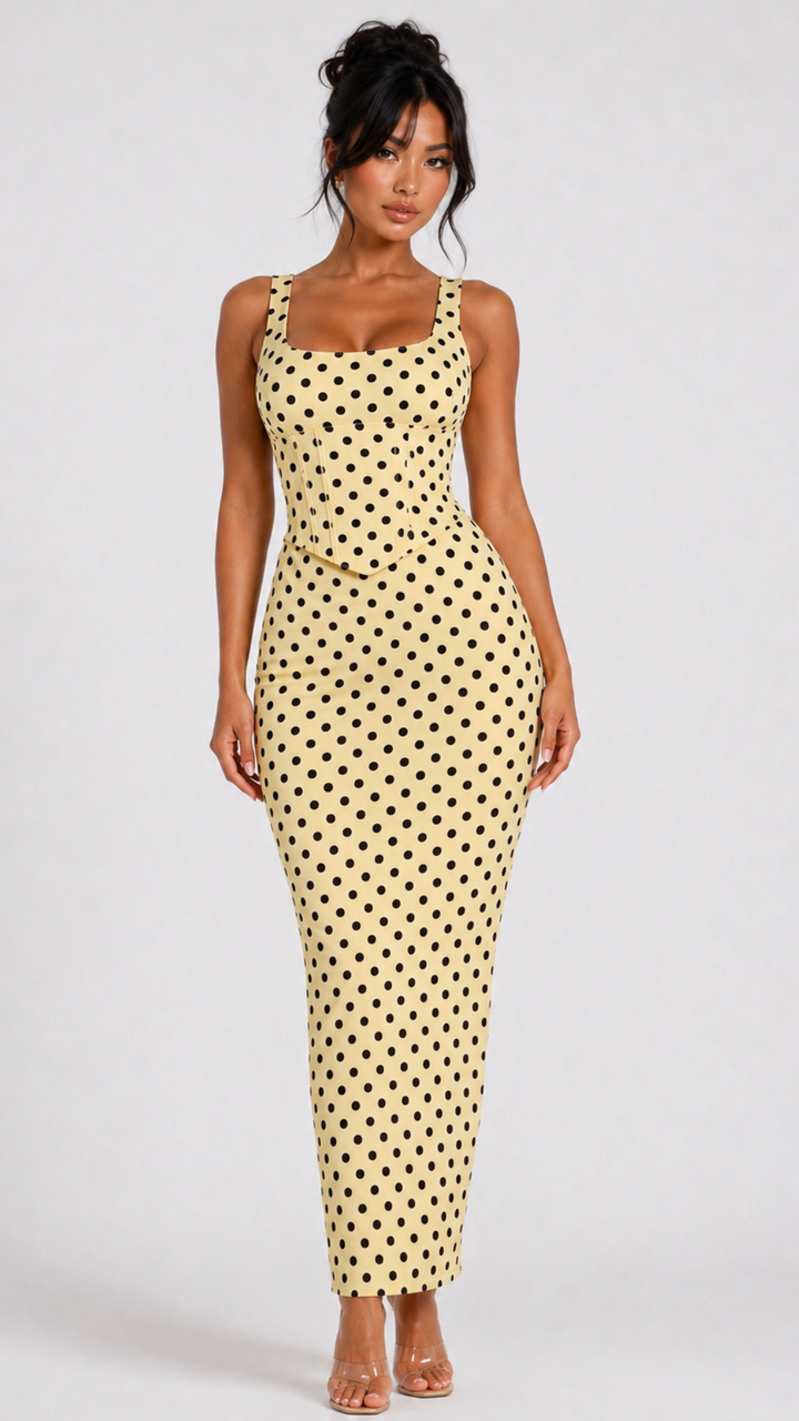 Gia - Scoop Corset Maxi Lemon/Brown Polka Dot