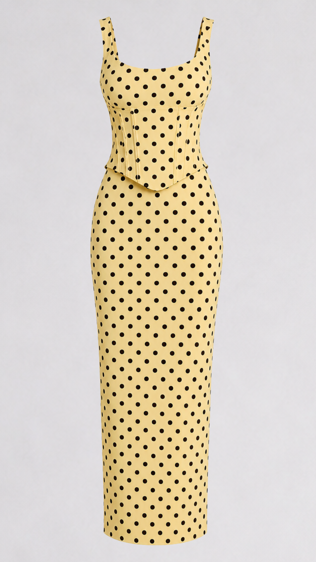 Gia - Scoop Corset Maxi Lemon/Brown Polka Dot
