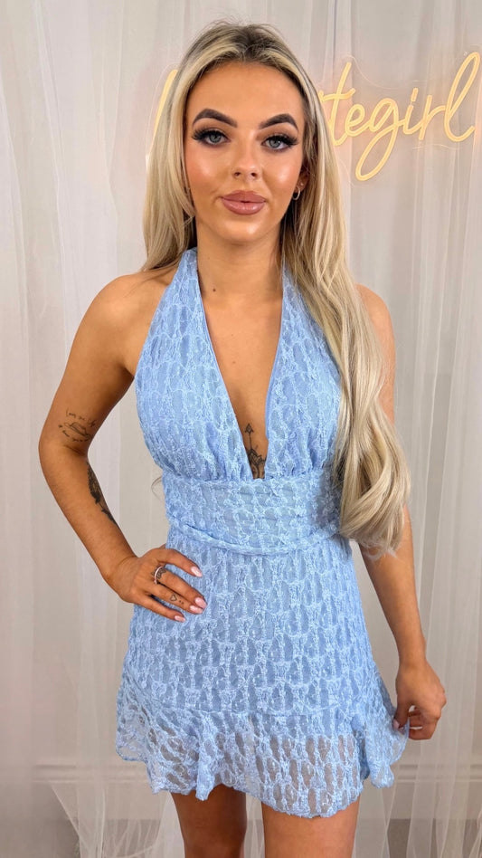 Mya - Blue Halter Neck Textured Playsuit