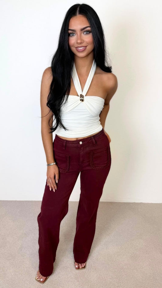Phoebe - Wine Braid Pocket Straight Leg Jeans