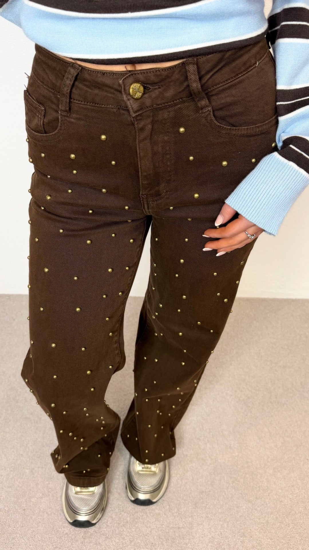 Millie - Brown Bronze Stud Detail Straight Leg Jeans