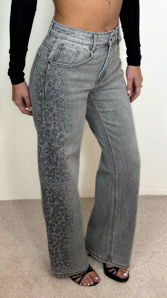 Fiadh - Grey Leopard Rhinestone Jean