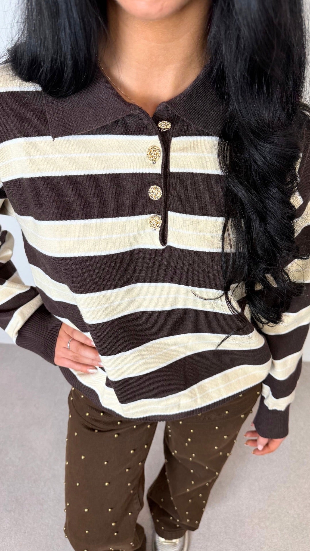 Georgia - Button Collar Brown/Beige Stripe Long Sleeve Knit