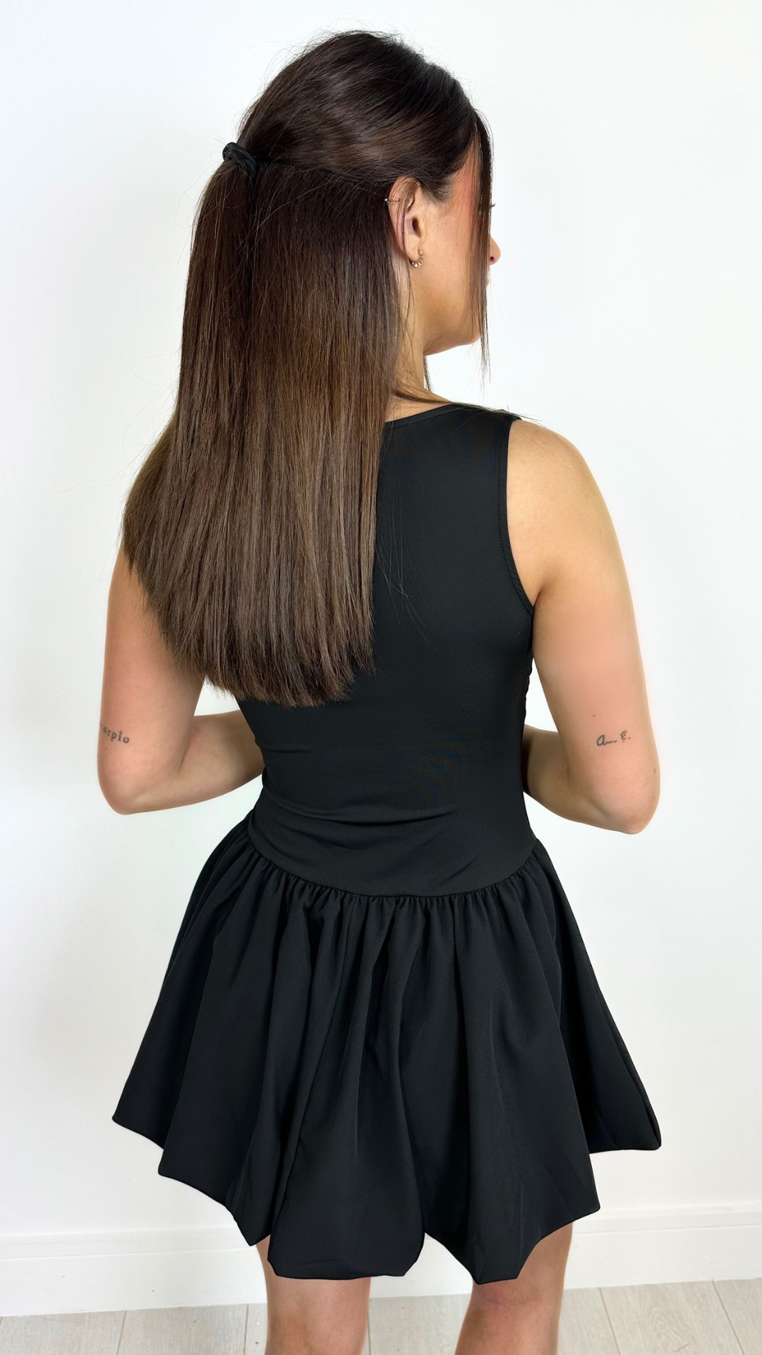 Farrah - Black Balloon Skirt Ribbon Front Dress